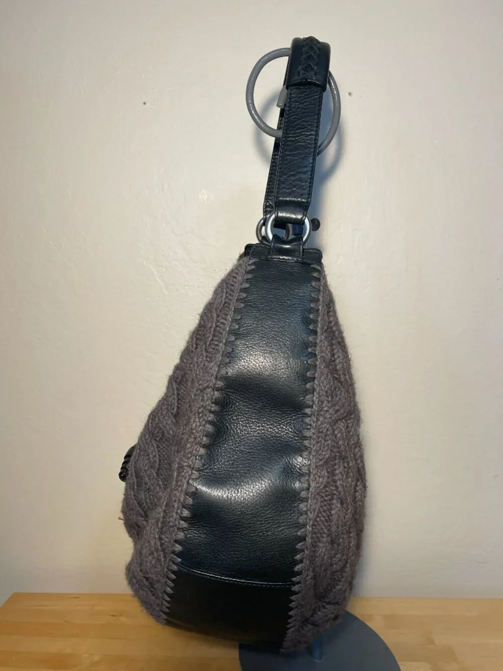 Banana Republic Gray Knit Hobo Bag Black Leather Strap Slouchy Shoulder Purse
